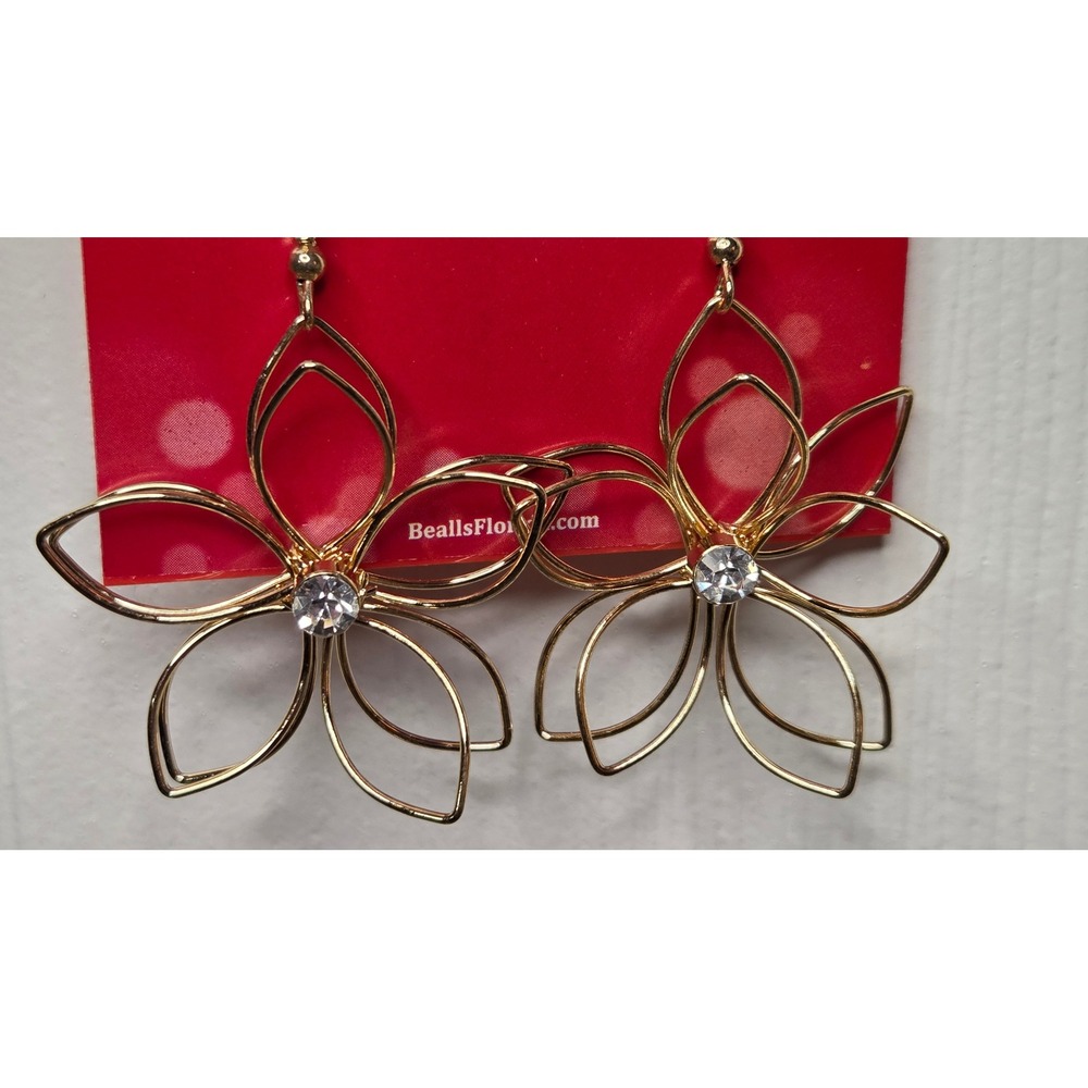 Brighten the Season Gold Tone Wire Flower Rhinestone Drop Dangle Earrings New